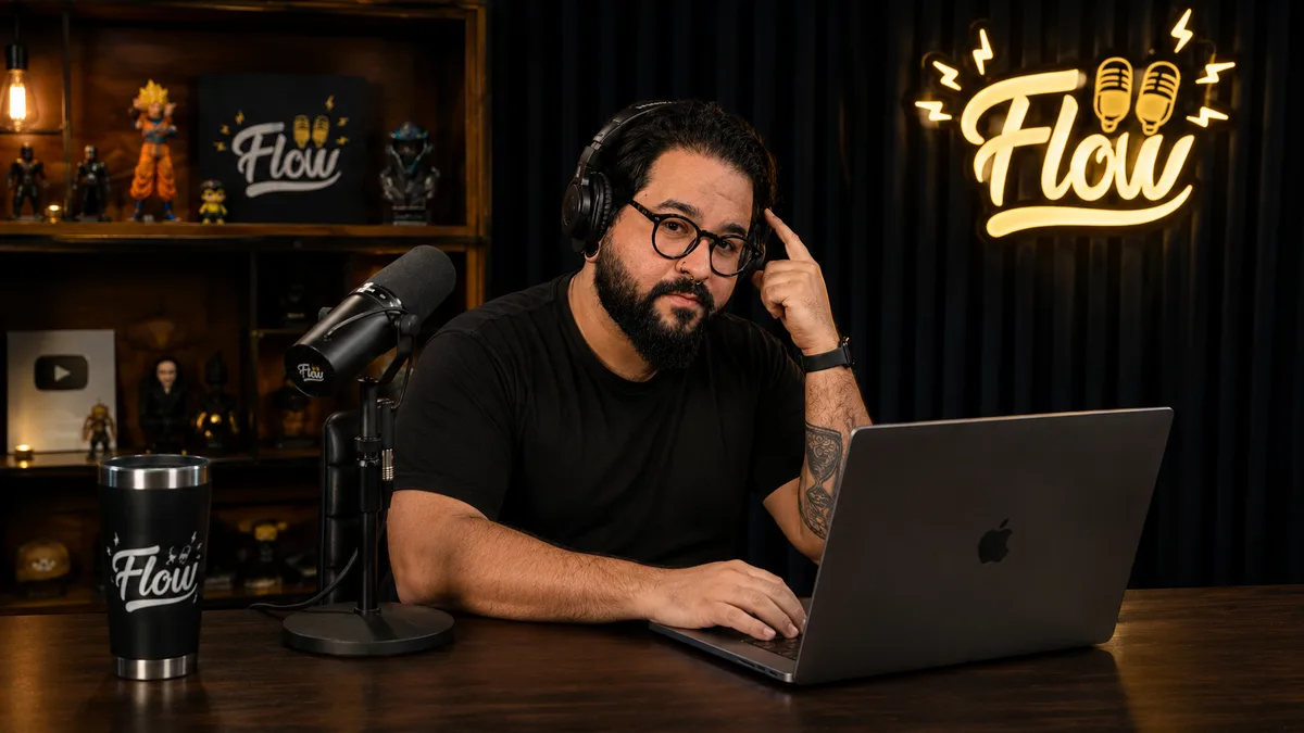 Apresentador de podcast em estúdio profissional, com headphone, microfone e notebook, em cenário escuro iluminado por neon