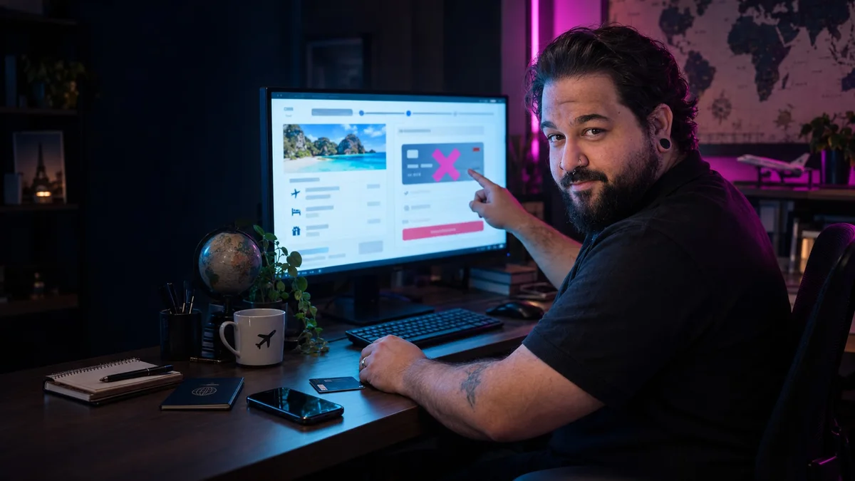 Rafa Telaroli, da Carretel mídia, no escritório apontando pra tela do computador, onde um pagamento aparece bloqueado com um X